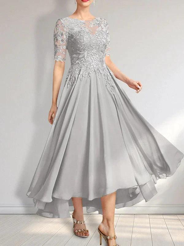A-line Scoop Illusion Asymmetrical Chiffon Lace Mother of the Bride Dress With Sequins - Image 20