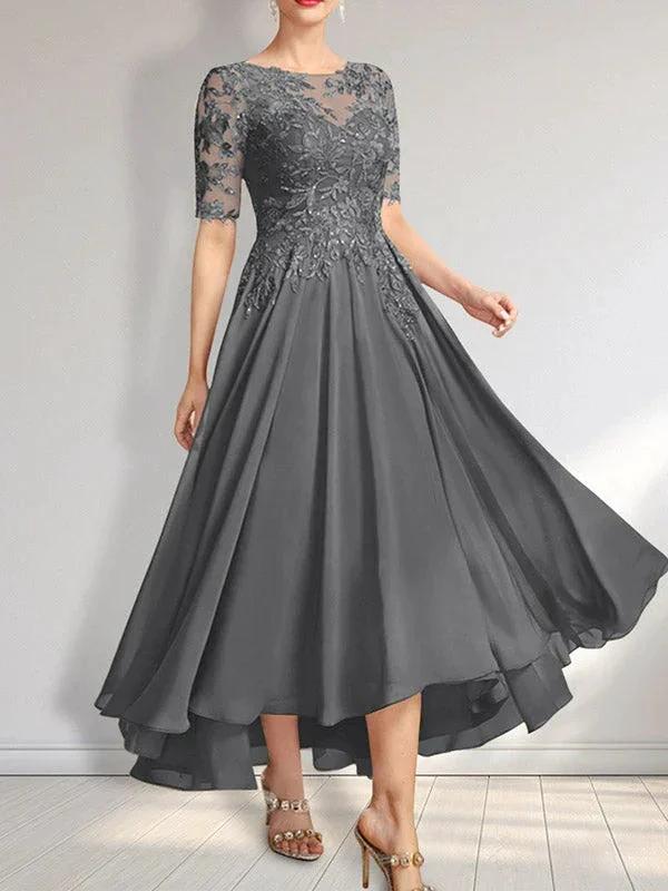 A-line Scoop Illusion Asymmetrical Chiffon Lace Mother of the Bride Dress With Sequins - Image 21
