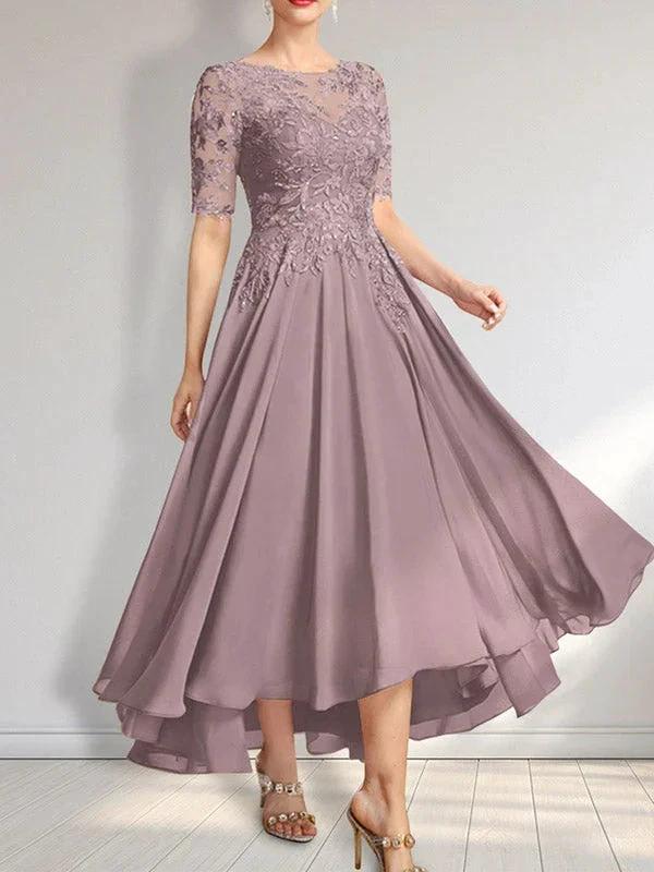 A-line Scoop Illusion Asymmetrical Chiffon Lace Mother of the Bride Dress With Sequins - Image 22