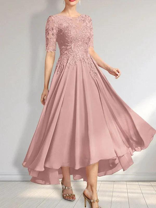 A-line Scoop Illusion Asymmetrical Chiffon Lace Mother of the Bride Dress With Sequins - Image 23