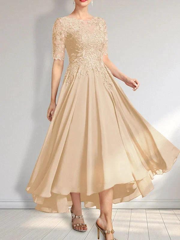 A-line Scoop Illusion Asymmetrical Chiffon Lace Mother of the Bride Dress With Sequins - Image 24
