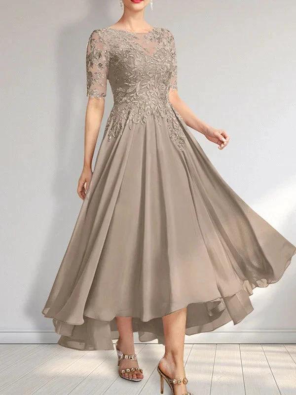 A-line Scoop Illusion Asymmetrical Chiffon Lace Mother of the Bride Dress With Sequins - Image 25