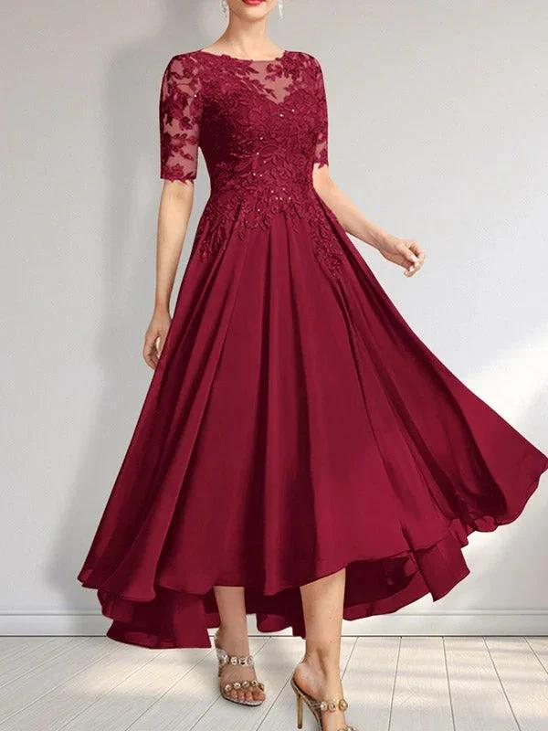 A-line Scoop Illusion Asymmetrical Chiffon Lace Mother of the Bride Dress With Sequins - Image 26