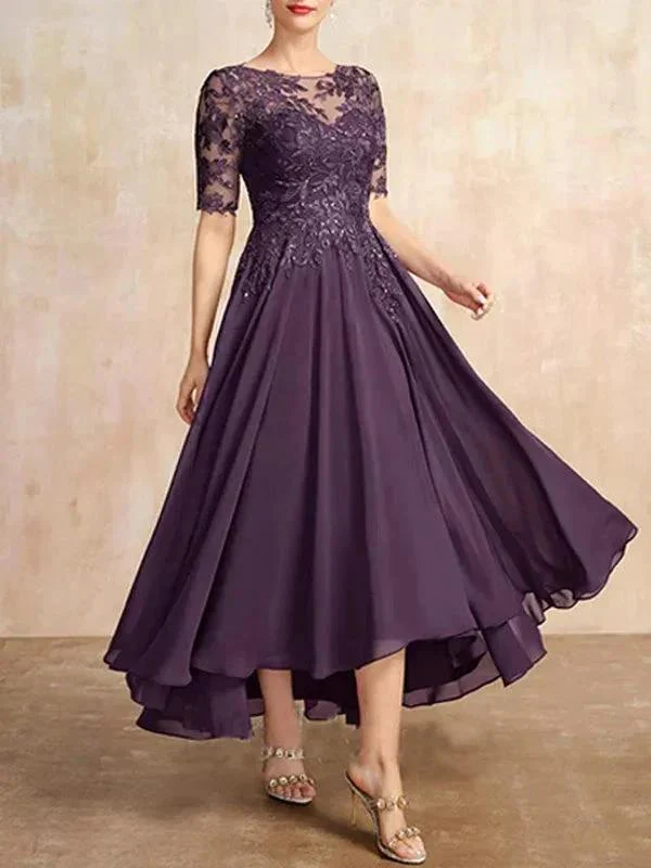 A-line Scoop Illusion Asymmetrical Chiffon Lace Mother of the Bride Dress With Sequins - Image 3
