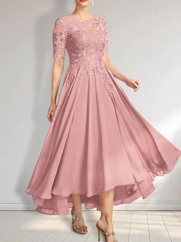A-line Scoop Illusion Asymmetrical Chiffon Lace Mother of the Bride Dress With Sequins - Image 30