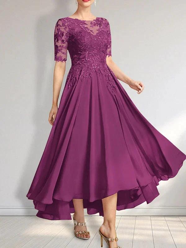 A-line Scoop Illusion Asymmetrical Chiffon Lace Mother of the Bride Dress With Sequins - Image 31