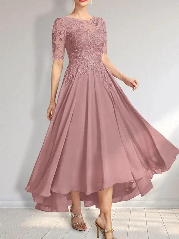A-line Scoop Illusion Asymmetrical Chiffon Lace Mother of the Bride Dress With Sequins - Image 32