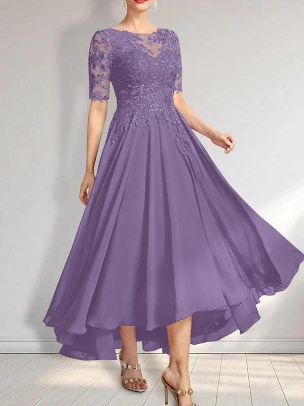 A-line Scoop Illusion Asymmetrical Chiffon Lace Mother of the Bride Dress With Sequins - Image 33