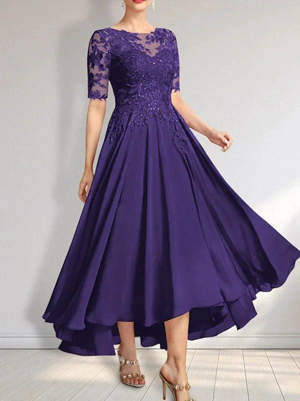 A-line Scoop Illusion Asymmetrical Chiffon Lace Mother of the Bride Dress With Sequins - Image 34