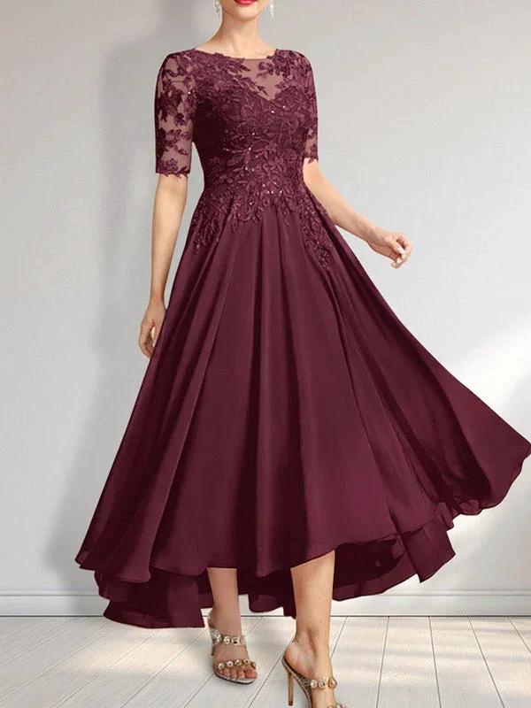 A-line Scoop Illusion Asymmetrical Chiffon Lace Mother of the Bride Dress With Sequins - Image 35