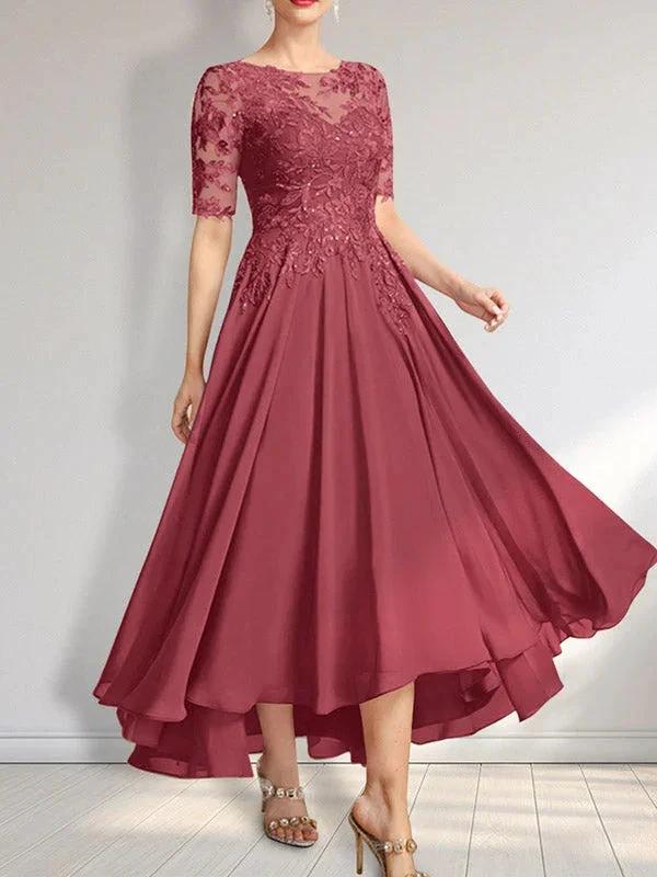 A-line Scoop Illusion Asymmetrical Chiffon Lace Mother of the Bride Dress With Sequins - Image 37