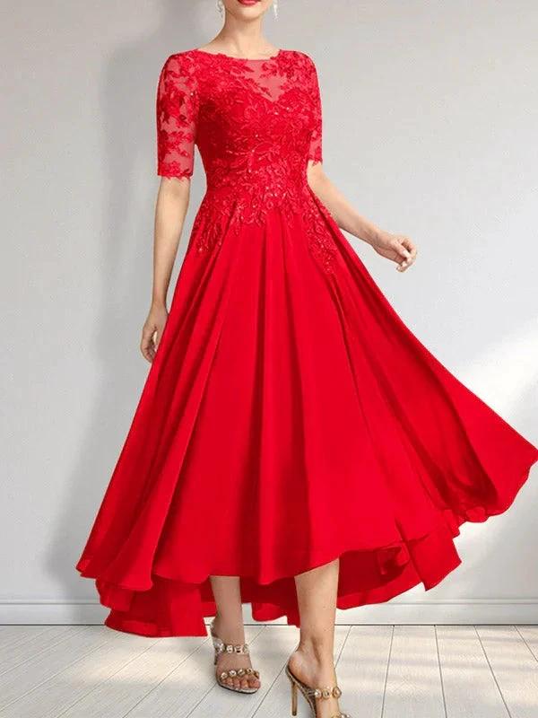A-line Scoop Illusion Asymmetrical Chiffon Lace Mother of the Bride Dress With Sequins - Image 38
