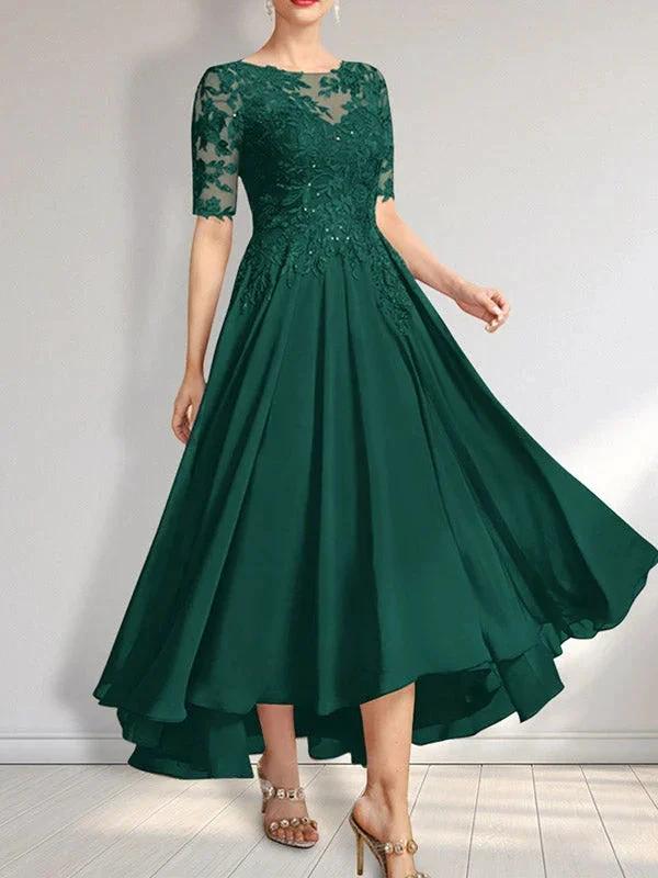 A-line Scoop Illusion Asymmetrical Chiffon Lace Mother of the Bride Dress With Sequins - Image 39