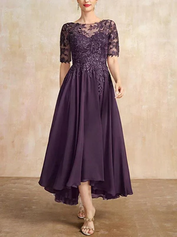 A-line Scoop Illusion Asymmetrical Chiffon Lace Mother of the Bride Dress With Sequins - Image 4