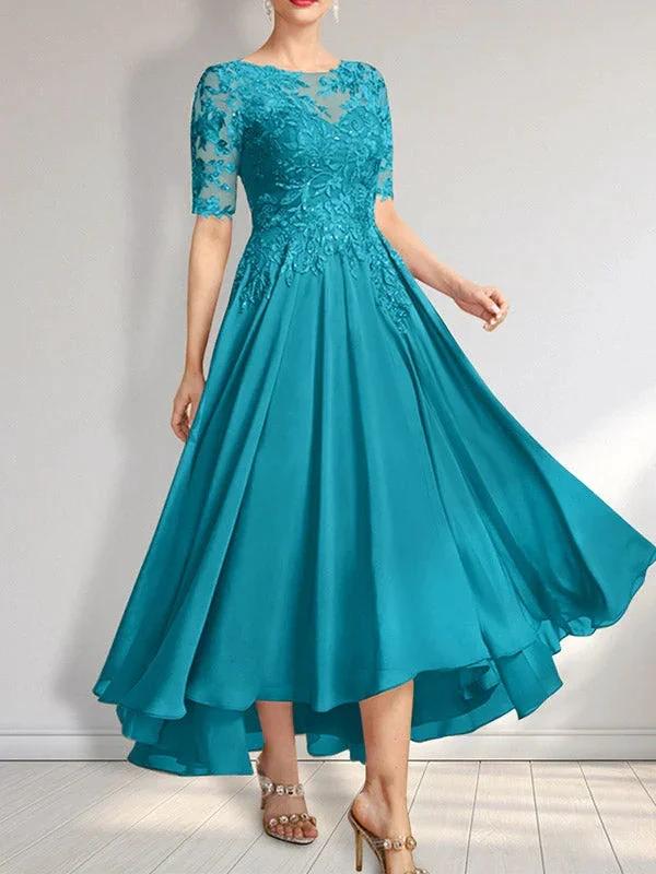 A-line Scoop Illusion Asymmetrical Chiffon Lace Mother of the Bride Dress With Sequins - Image 40