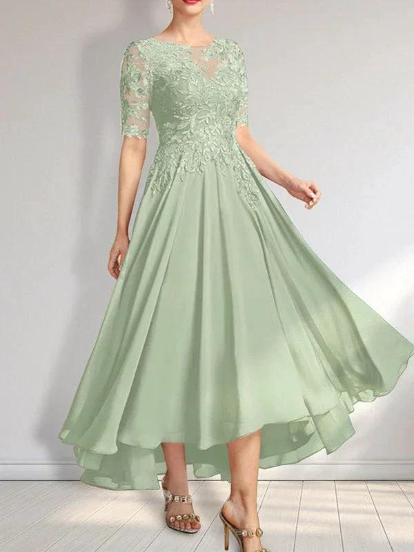 A-line Scoop Illusion Asymmetrical Chiffon Lace Mother of the Bride Dress With Sequins - Image 41