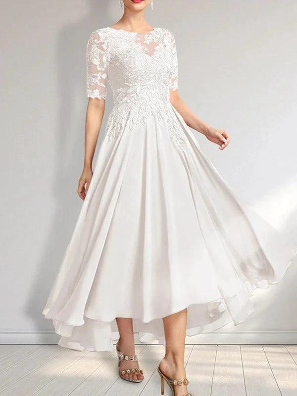 A-line Scoop Illusion Asymmetrical Chiffon Lace Mother of the Bride Dress With Sequins - Image 42