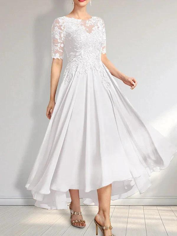 A-line Scoop Illusion Asymmetrical Chiffon Lace Mother of the Bride Dress With Sequins - Image 43