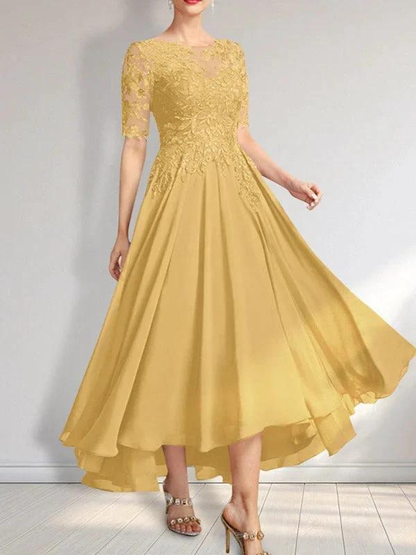 A-line Scoop Illusion Asymmetrical Chiffon Lace Mother of the Bride Dress With Sequins - Image 44