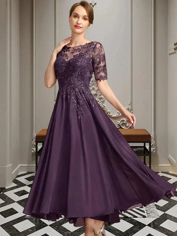 A-line Scoop Illusion Asymmetrical Chiffon Lace Mother of the Bride Dress With Sequins - Image 5