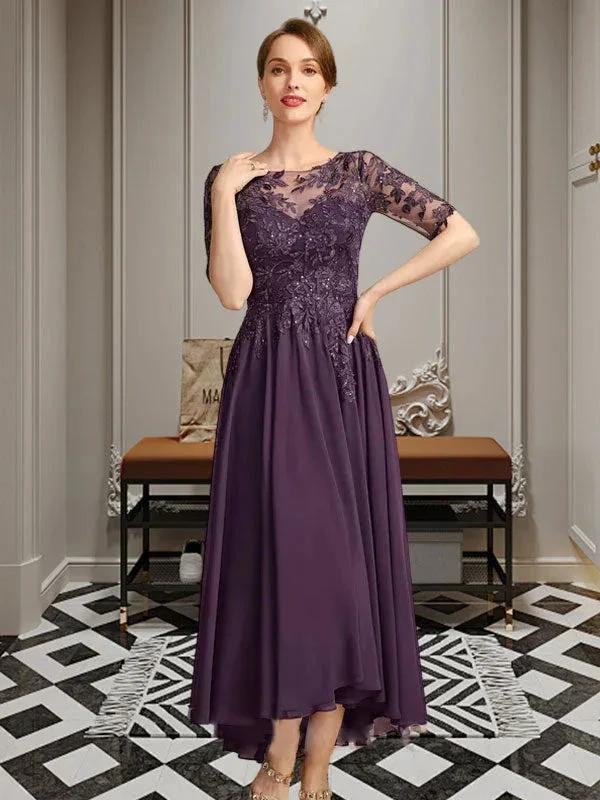 A-line Scoop Illusion Asymmetrical Chiffon Lace Mother of the Bride Dress With Sequins - Image 6