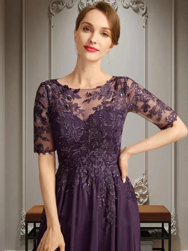 A-line Scoop Illusion Asymmetrical Chiffon Lace Mother of the Bride Dress With Sequins - Image 7