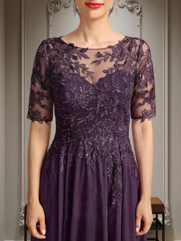 A-line Scoop Illusion Asymmetrical Chiffon Lace Mother of the Bride Dress With Sequins - Image 8