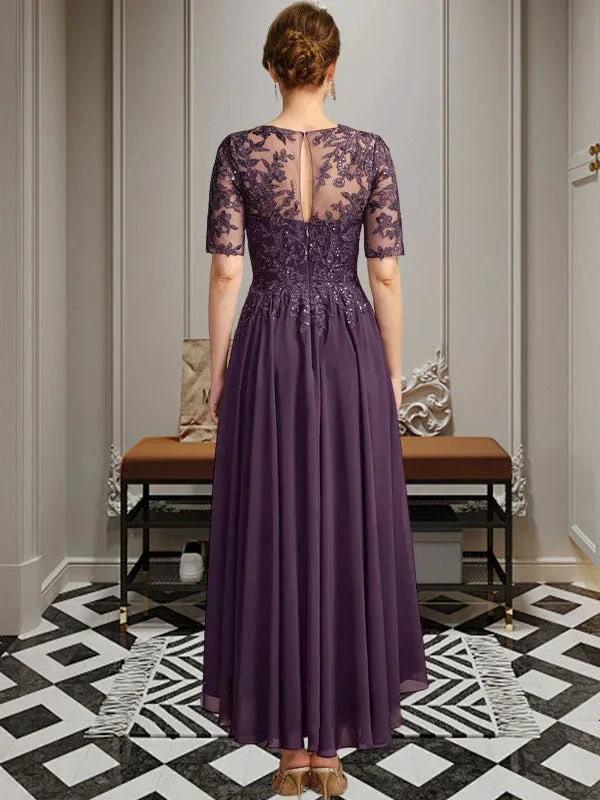 A-line Scoop Illusion Asymmetrical Chiffon Lace Mother of the Bride Dress With Sequins - Image 9