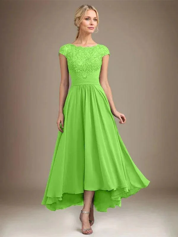 A-line Scoop Illusion Asymmetrical Lace Chiffon Mother of the Bride Dress With Pleated - Image 10