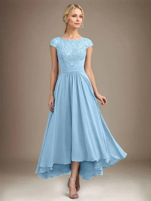 A-line Scoop Illusion Asymmetrical Lace Chiffon Mother of the Bride Dress With Pleated - Image 11
