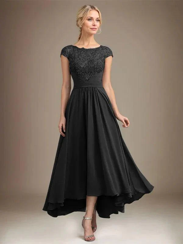 A-line Scoop Illusion Asymmetrical Lace Chiffon Mother of the Bride Dress With Pleated - Image 12