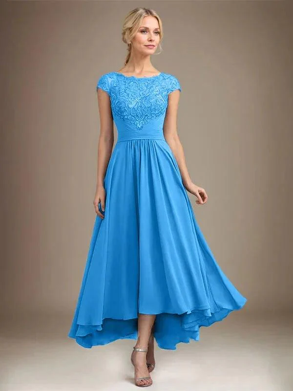 A-line Scoop Illusion Asymmetrical Lace Chiffon Mother of the Bride Dress With Pleated - Image 13