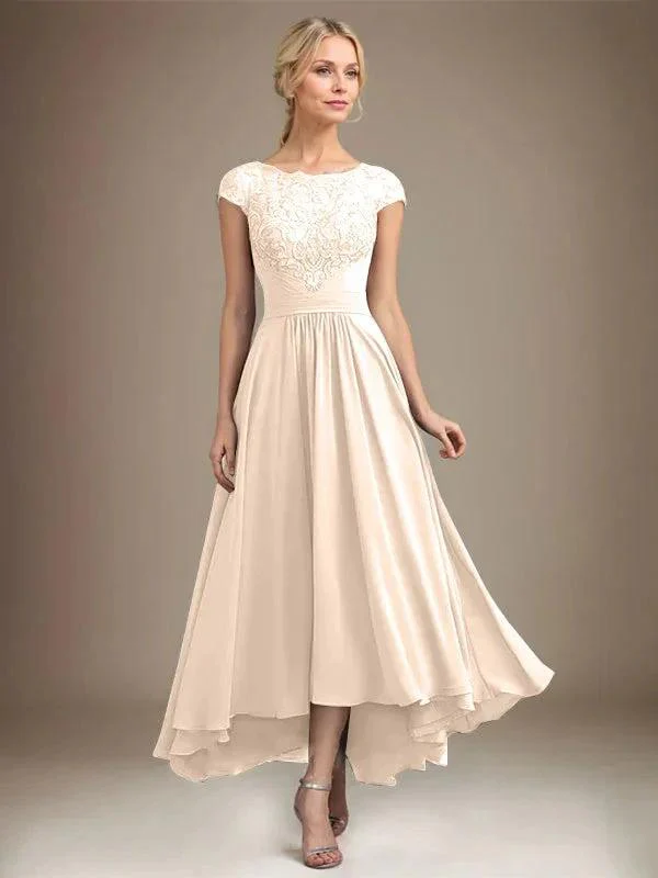 A-line Scoop Illusion Asymmetrical Lace Chiffon Mother of the Bride Dress With Pleated - Image 14