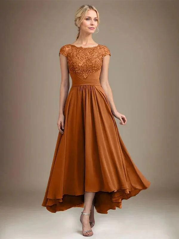 A-line Scoop Illusion Asymmetrical Lace Chiffon Mother of the Bride Dress With Pleated - Image 16