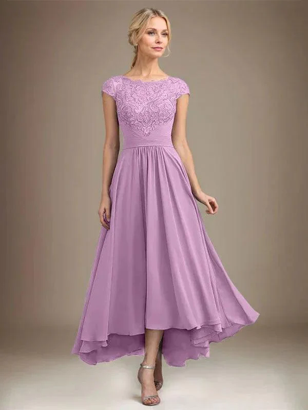A-line Scoop Illusion Asymmetrical Lace Chiffon Mother of the Bride Dress With Pleated - Image 17