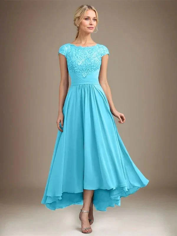 A-line Scoop Illusion Asymmetrical Lace Chiffon Mother of the Bride Dress With Pleated - Image 18