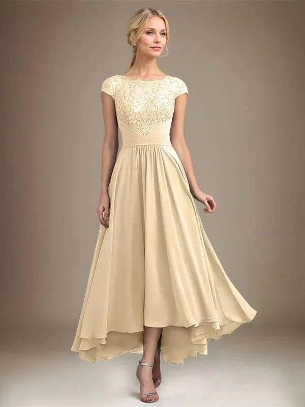 A-line Scoop Illusion Asymmetrical Lace Chiffon Mother of the Bride Dress With Pleated - Image 19