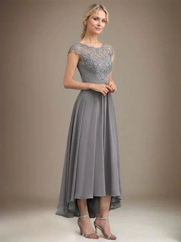A-line Scoop Illusion Asymmetrical Lace Chiffon Mother of the Bride Dress With Pleated - Image 2