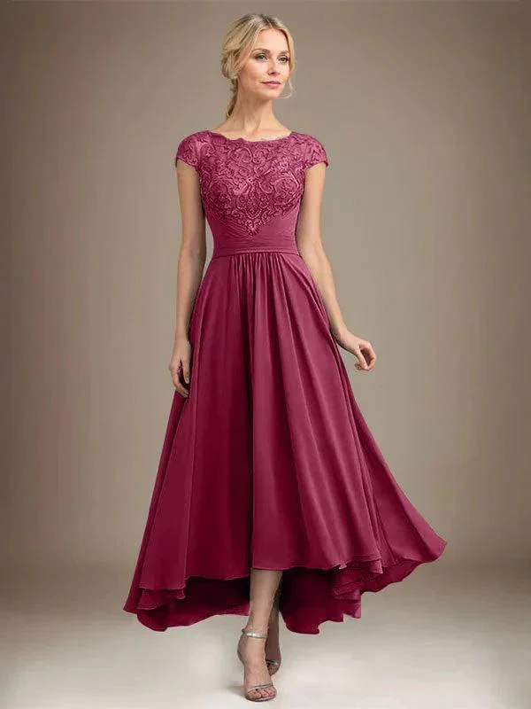 A-line Scoop Illusion Asymmetrical Lace Chiffon Mother of the Bride Dress With Pleated - Image 20