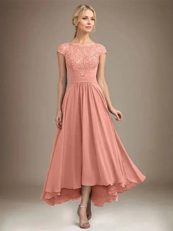 A-line Scoop Illusion Asymmetrical Lace Chiffon Mother of the Bride Dress With Pleated - Image 21