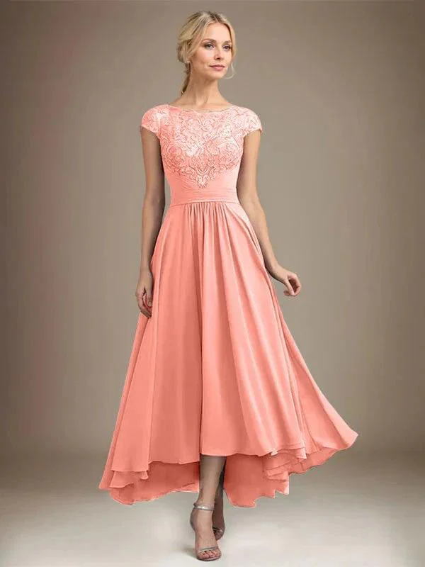 A-line Scoop Illusion Asymmetrical Lace Chiffon Mother of the Bride Dress With Pleated - Image 22