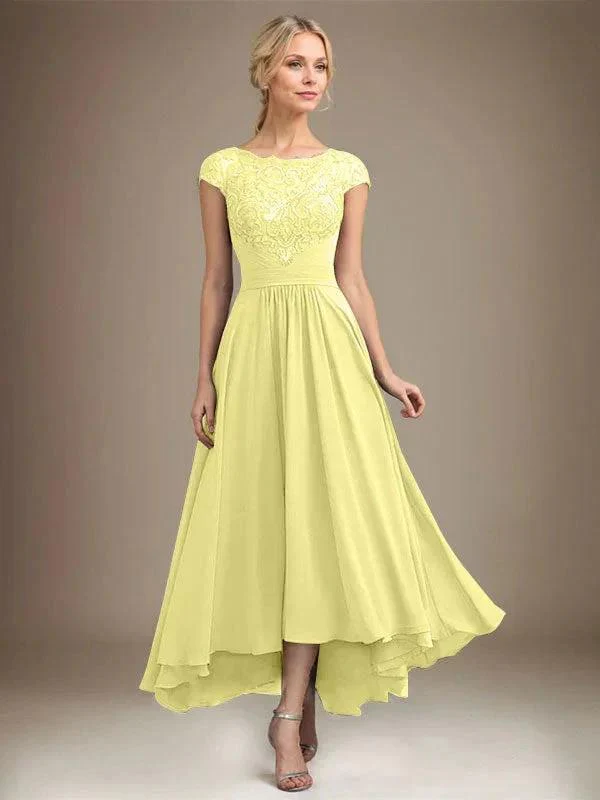 A-line Scoop Illusion Asymmetrical Lace Chiffon Mother of the Bride Dress With Pleated - Image 23