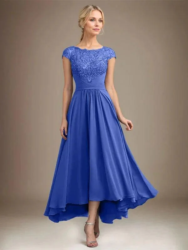 A-line Scoop Illusion Asymmetrical Lace Chiffon Mother of the Bride Dress With Pleated - Image 24