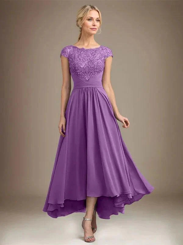 A-line Scoop Illusion Asymmetrical Lace Chiffon Mother of the Bride Dress With Pleated - Image 25