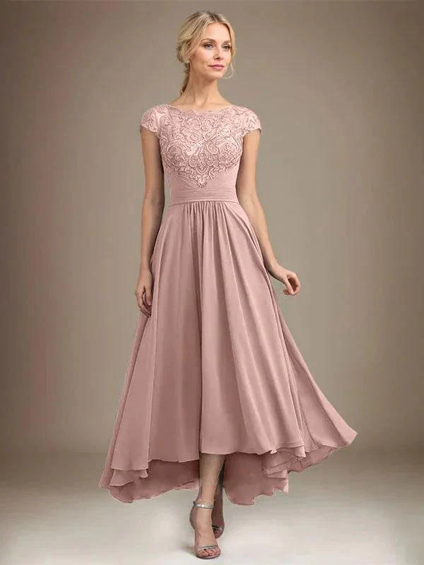 A-line Scoop Illusion Asymmetrical Lace Chiffon Mother of the Bride Dress With Pleated - Image 26