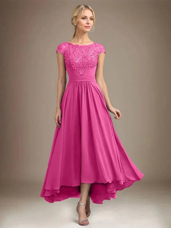 A-line Scoop Illusion Asymmetrical Lace Chiffon Mother of the Bride Dress With Pleated - Image 27