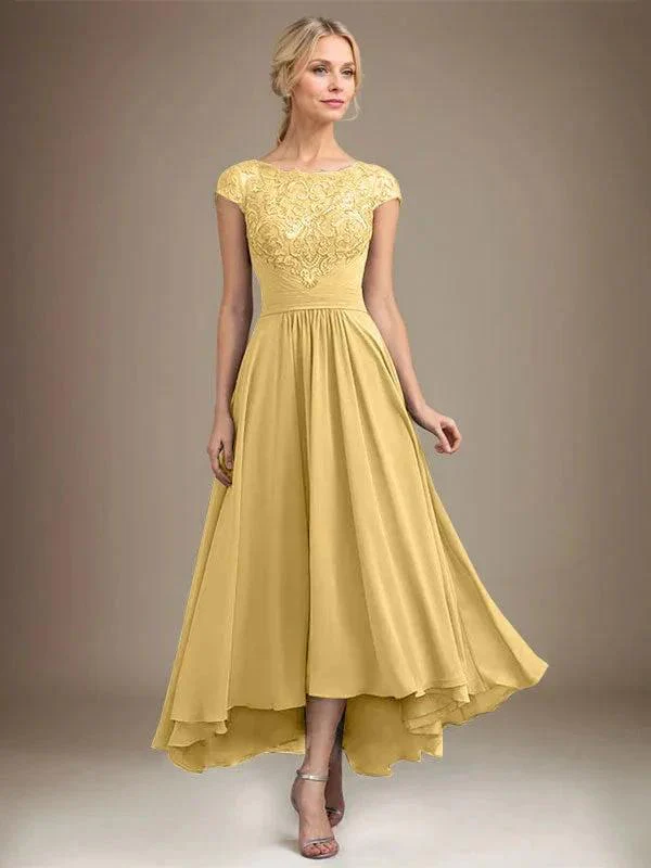 A-line Scoop Illusion Asymmetrical Lace Chiffon Mother of the Bride Dress With Pleated - Image 28
