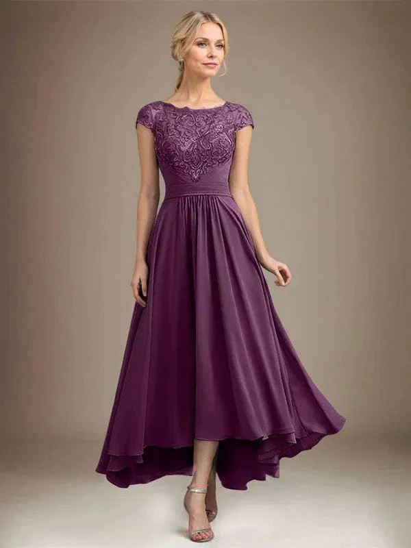 A-line Scoop Illusion Asymmetrical Lace Chiffon Mother of the Bride Dress With Pleated - Image 29