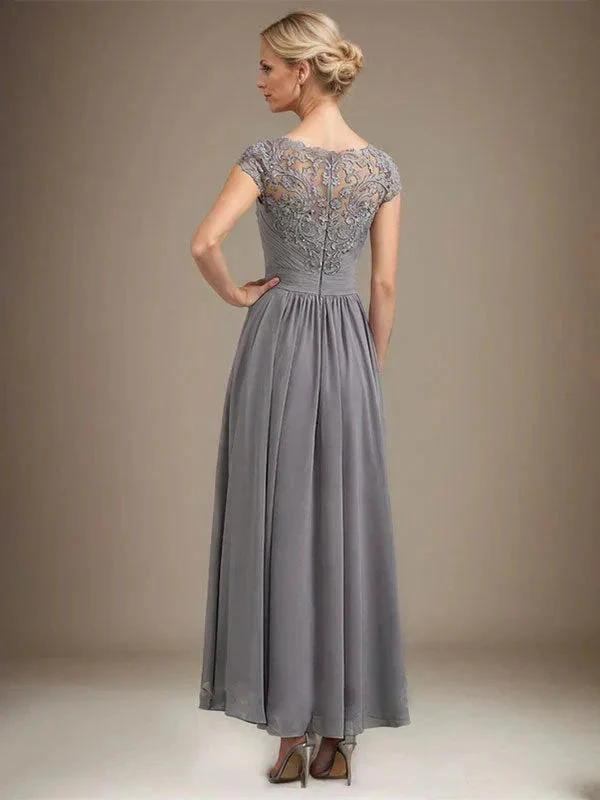 A-line Scoop Illusion Asymmetrical Lace Chiffon Mother of the Bride Dress With Pleated - Image 3