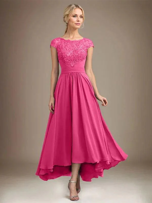 A-line Scoop Illusion Asymmetrical Lace Chiffon Mother of the Bride Dress With Pleated - Image 30
